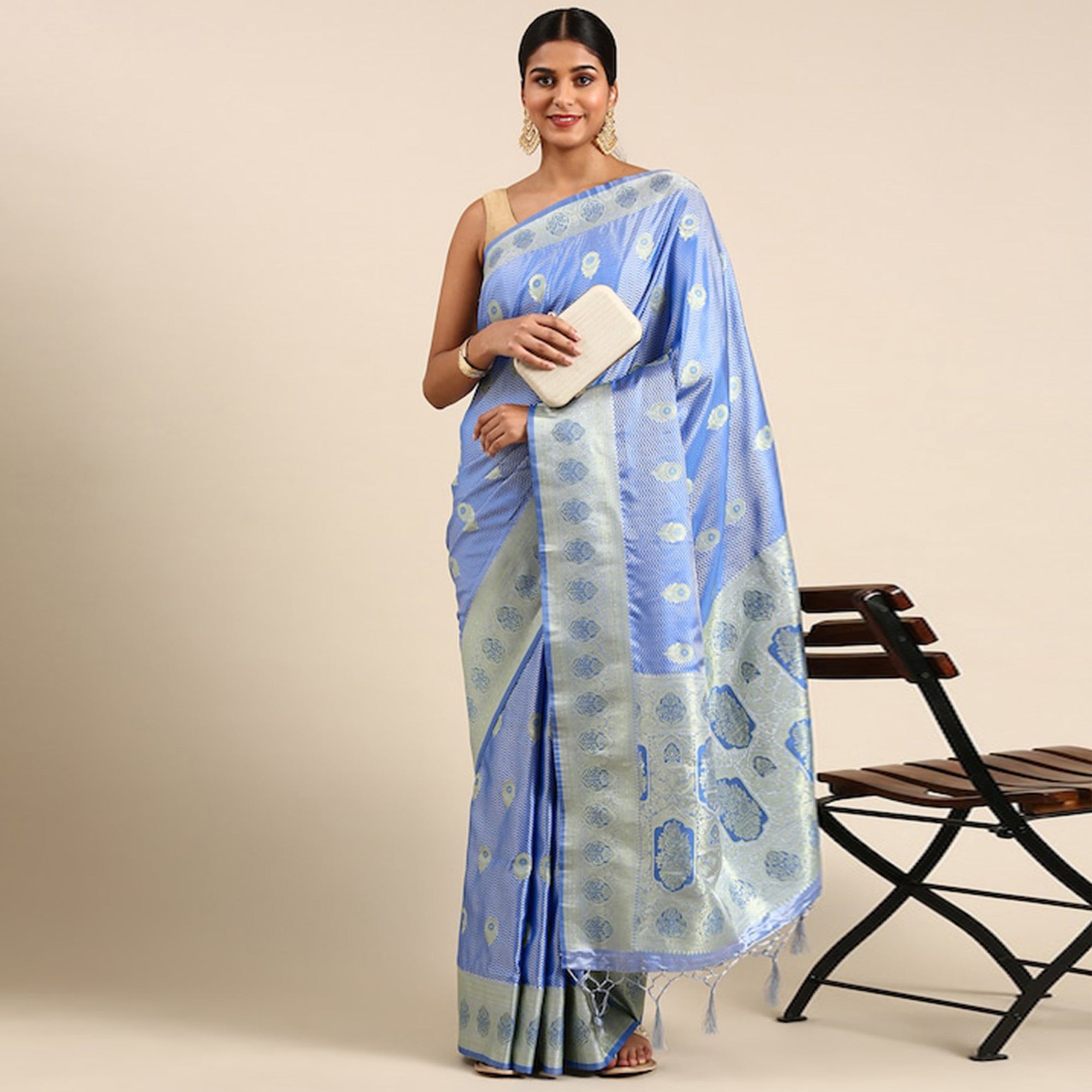 Blue Woven Kanjivaram Silk Saree WithTassels
