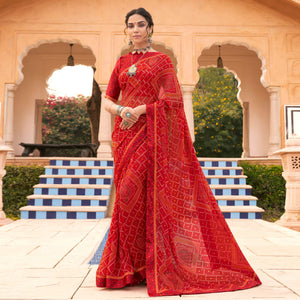 Red Bandhani Printed Georgette Saree