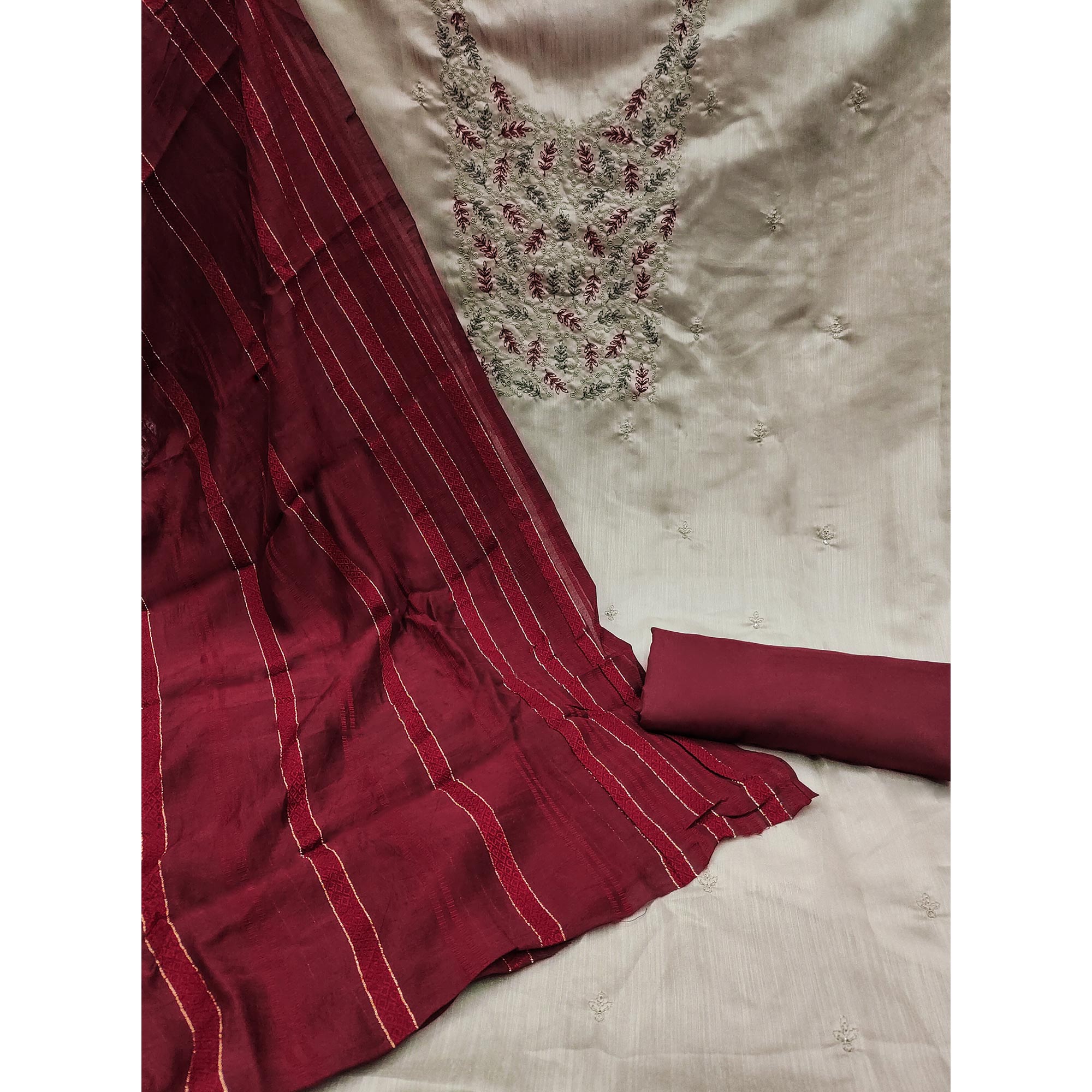 Cream Floral Embroidered Cotton Silk Dress Material