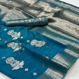 Blue Floral Woven Organza Saree