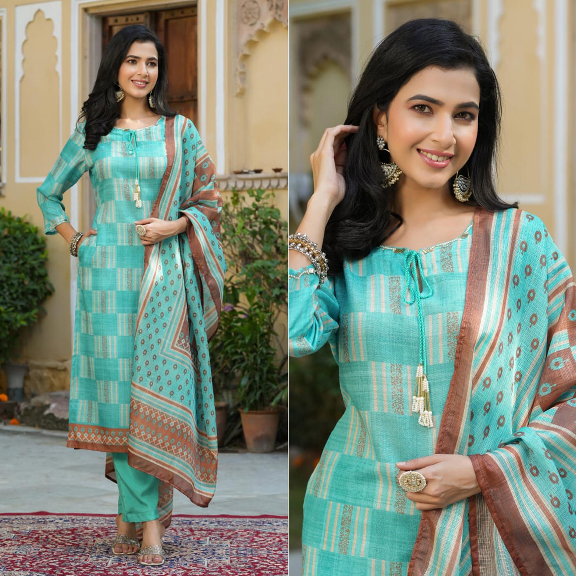 Turquoise Checked Printed Rayon Suit
