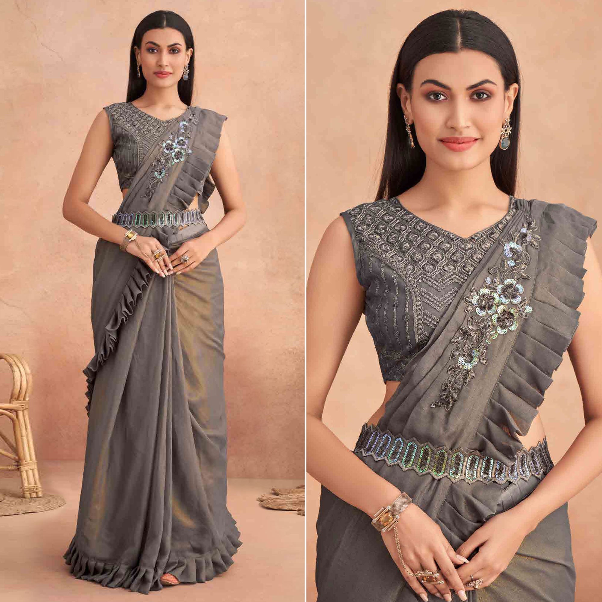 Grey Sequins Embroidered Ready to Wear Georgette Saree