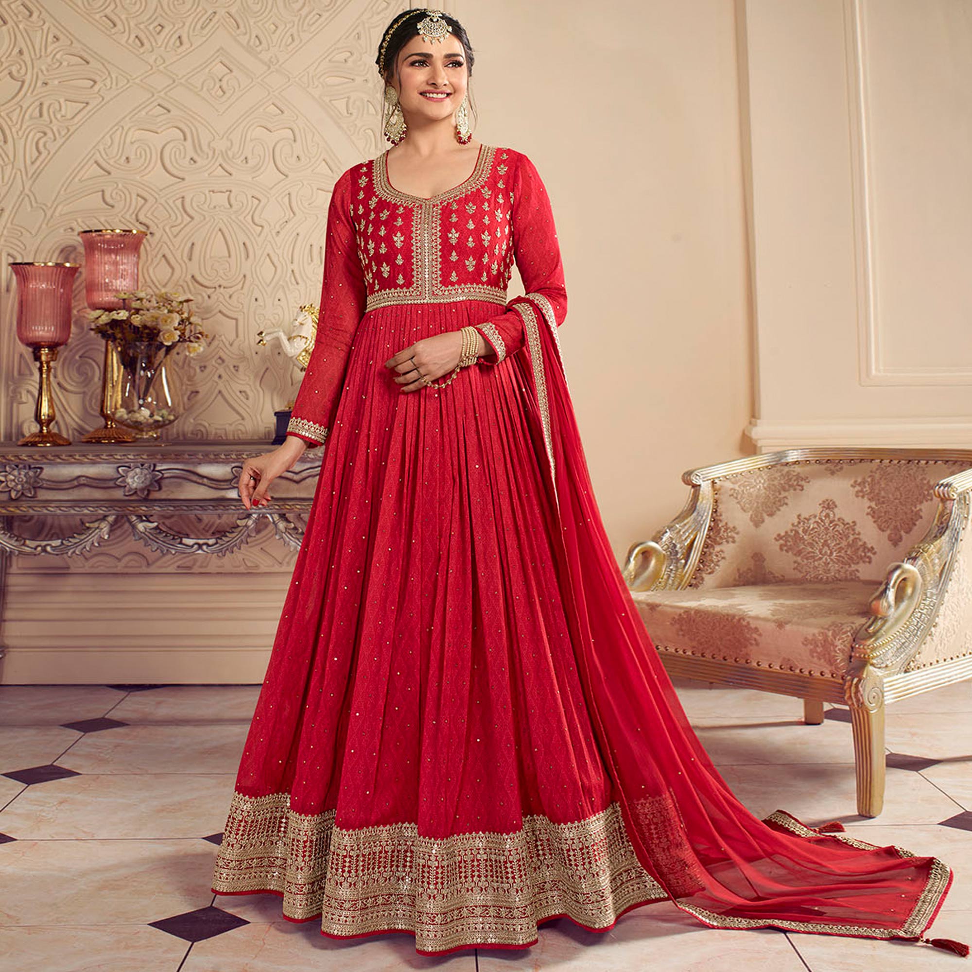 Red Printed With Embroidered Chiffon Gown
