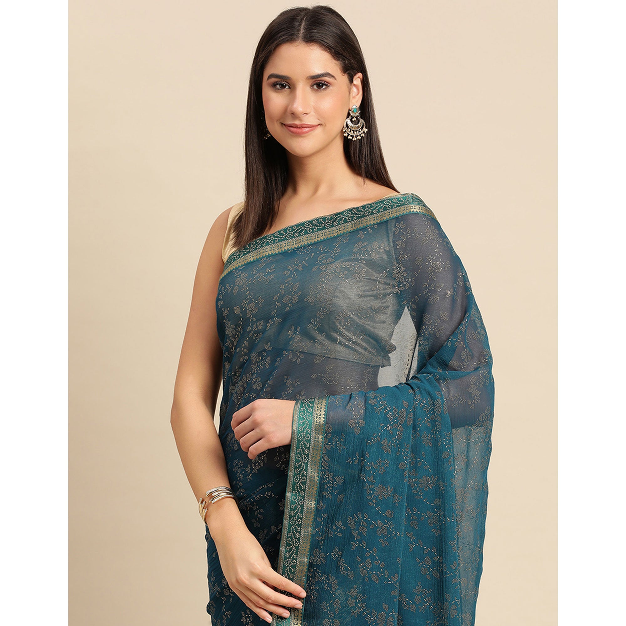 Blue Floral Foil Printed Shimmer Saree