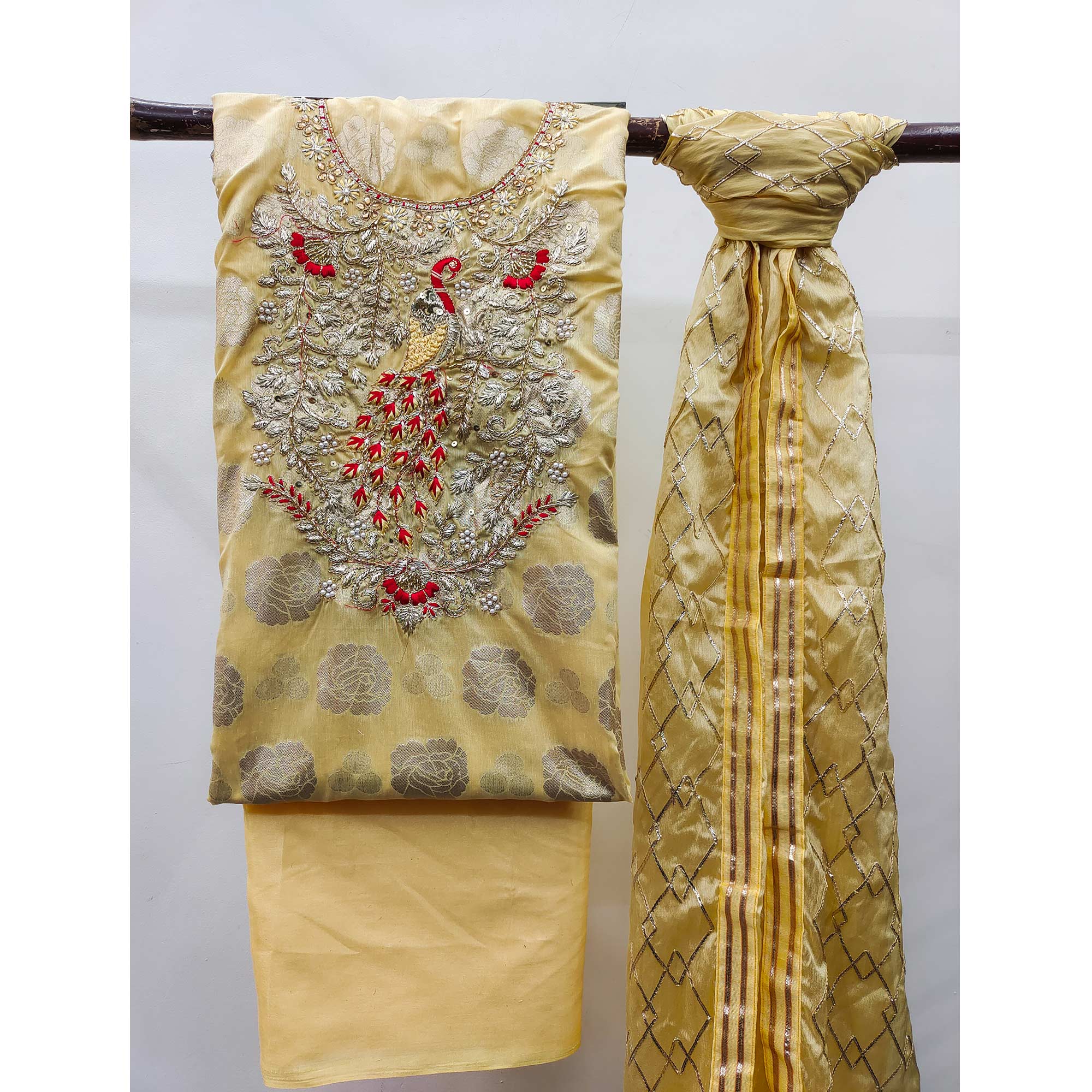 Yellow Woven Banarasi Silk Dress Material