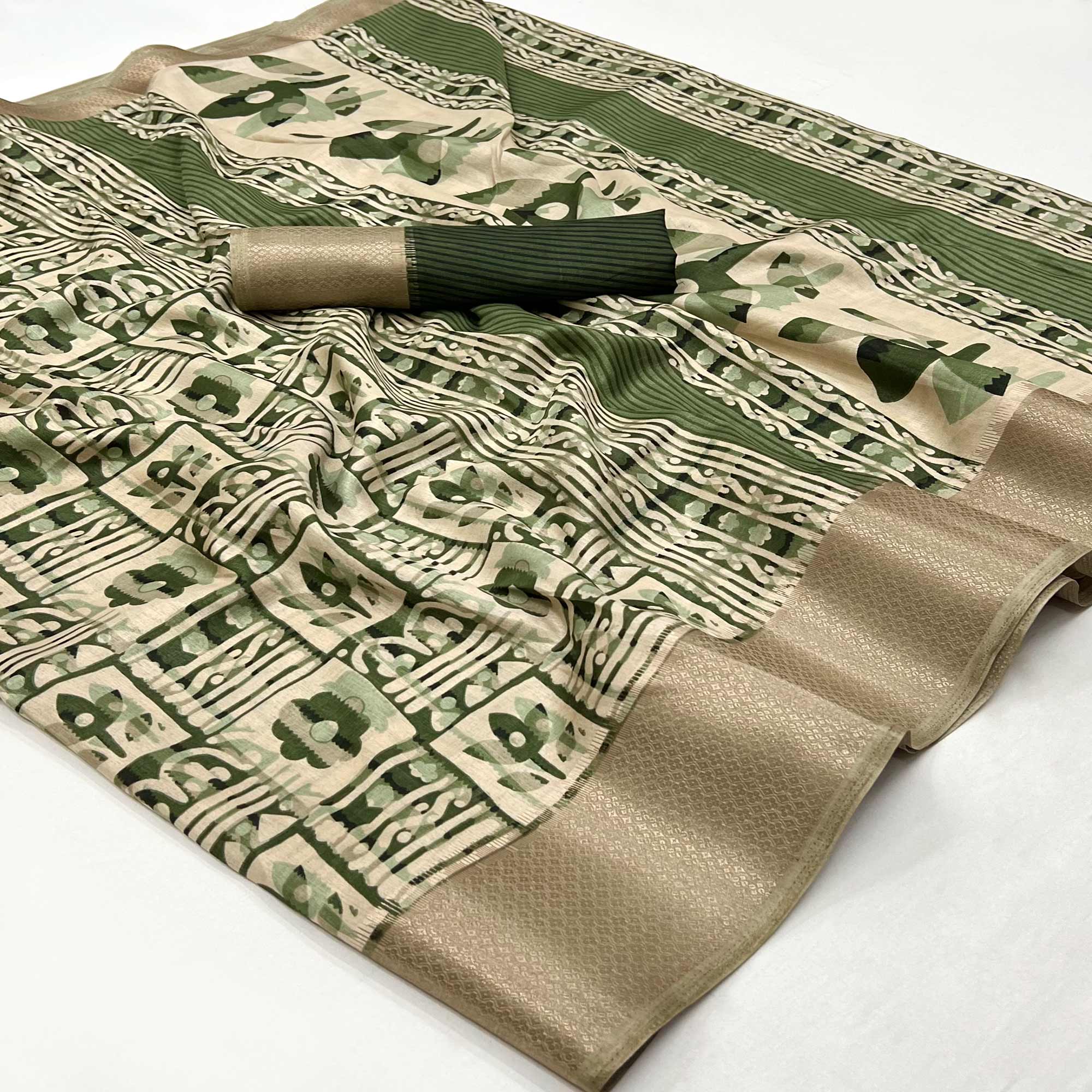 Pista Green Printed With Woven Border Dola Silk Saree