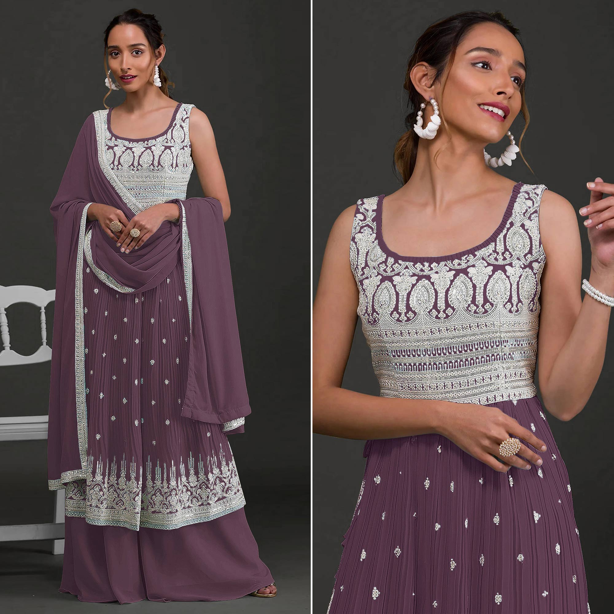 Plum Purple Sequins Embroidered Georgette Semi Stitched Naira Cut Palazzo Suit