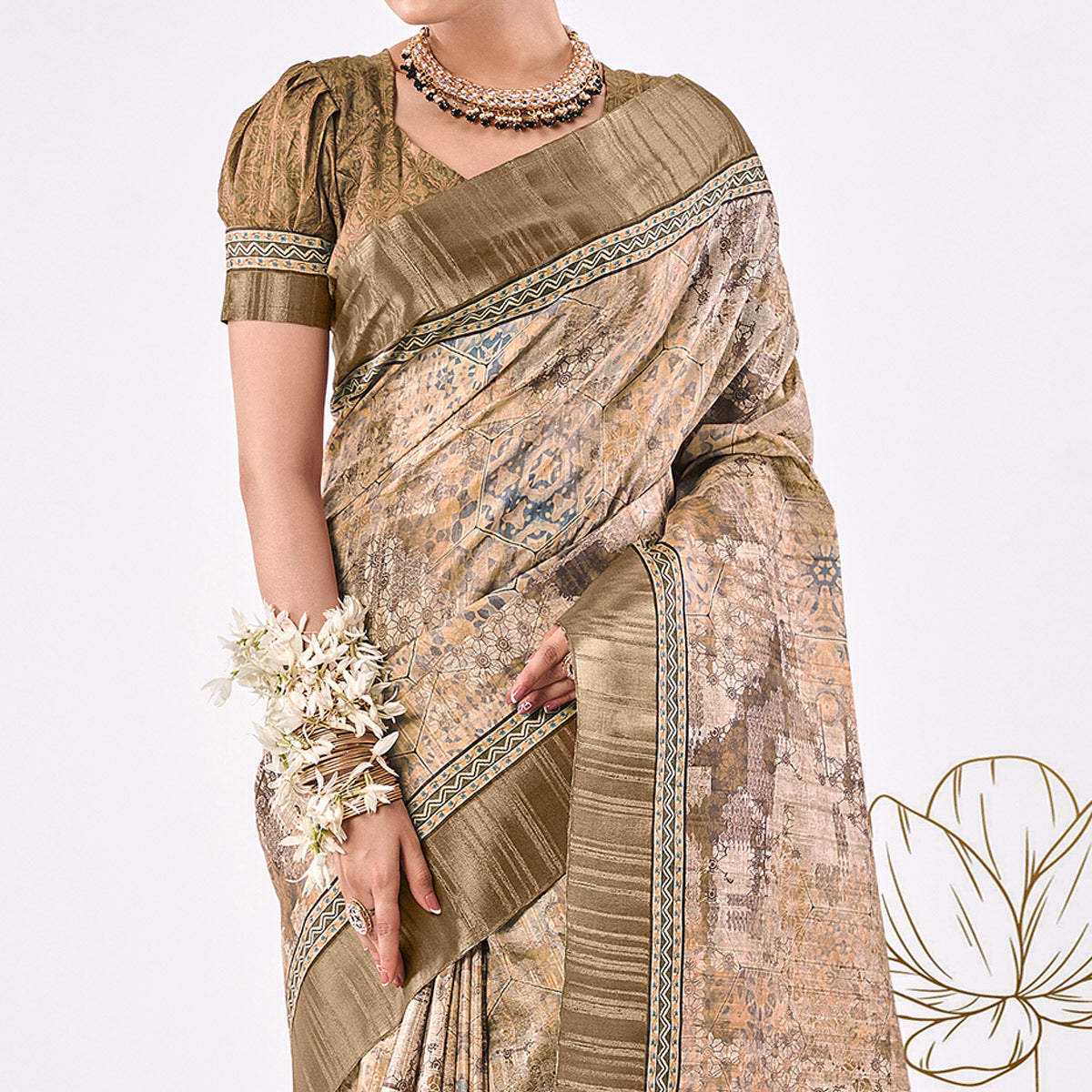 Beige Printed Art Silk Saree