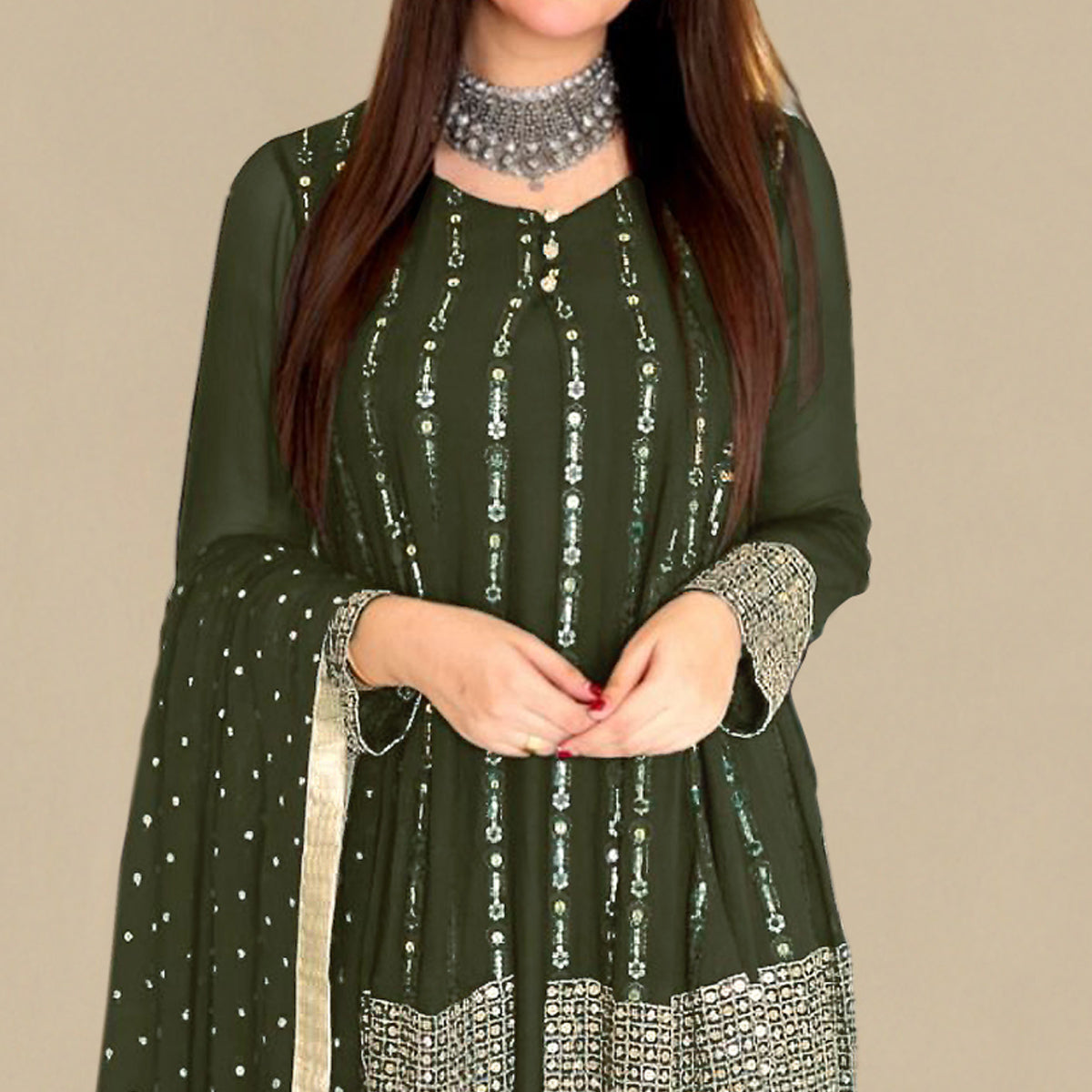 Mehendi Green Sequins Embroidered Georgette Pakistani Suit