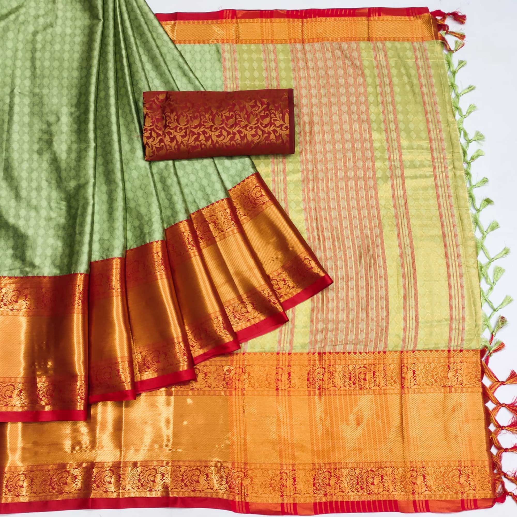 Pista Green Woven Cotton Silk Saree With Tassels