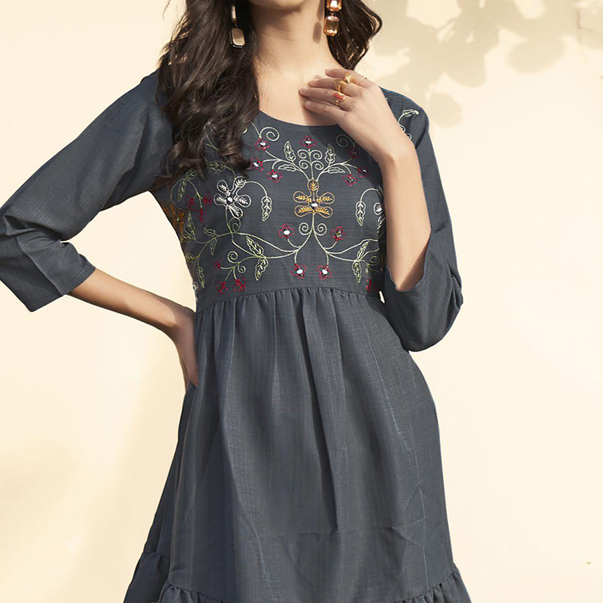 Grey Embroidered Rayon Short Dress
