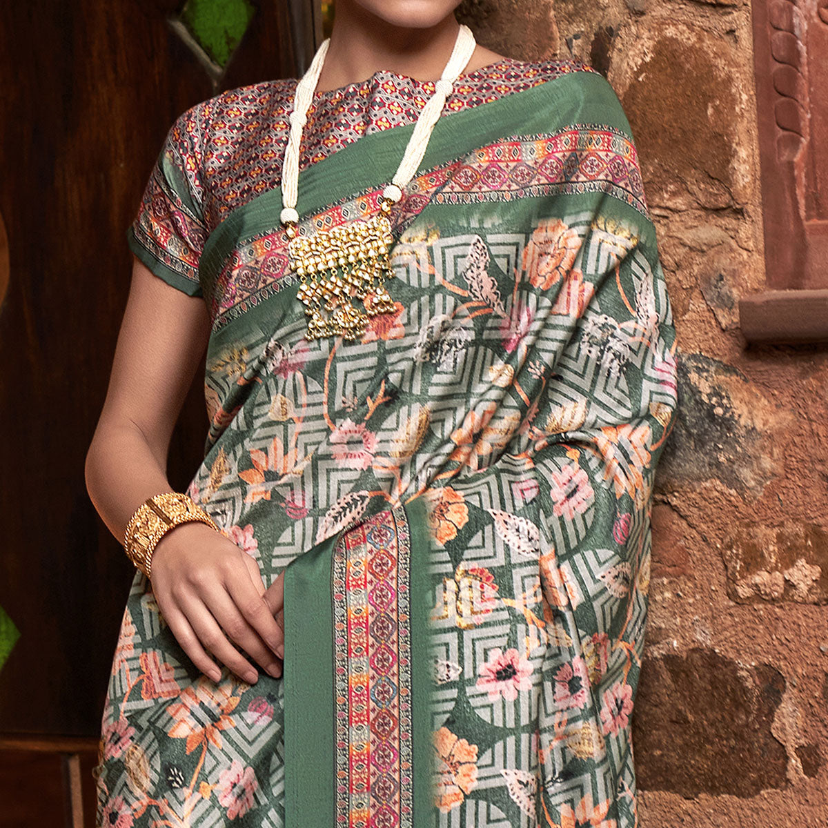 Green Digital Printed Satin Saree