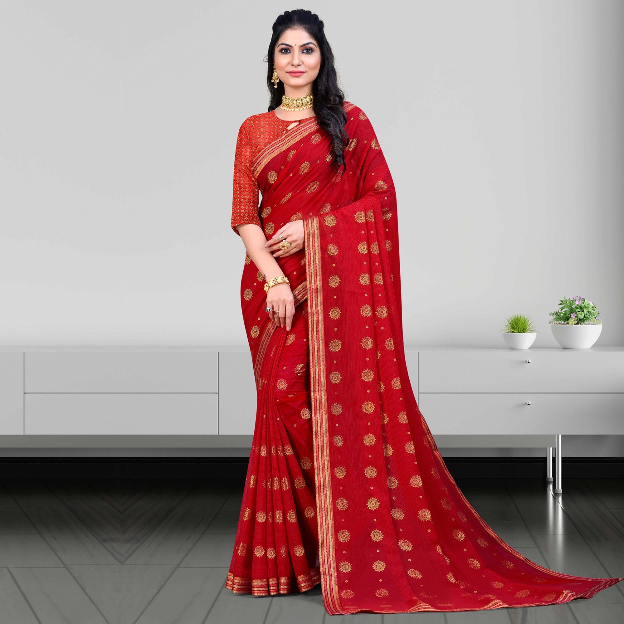 Red Woven Chiffon Saree