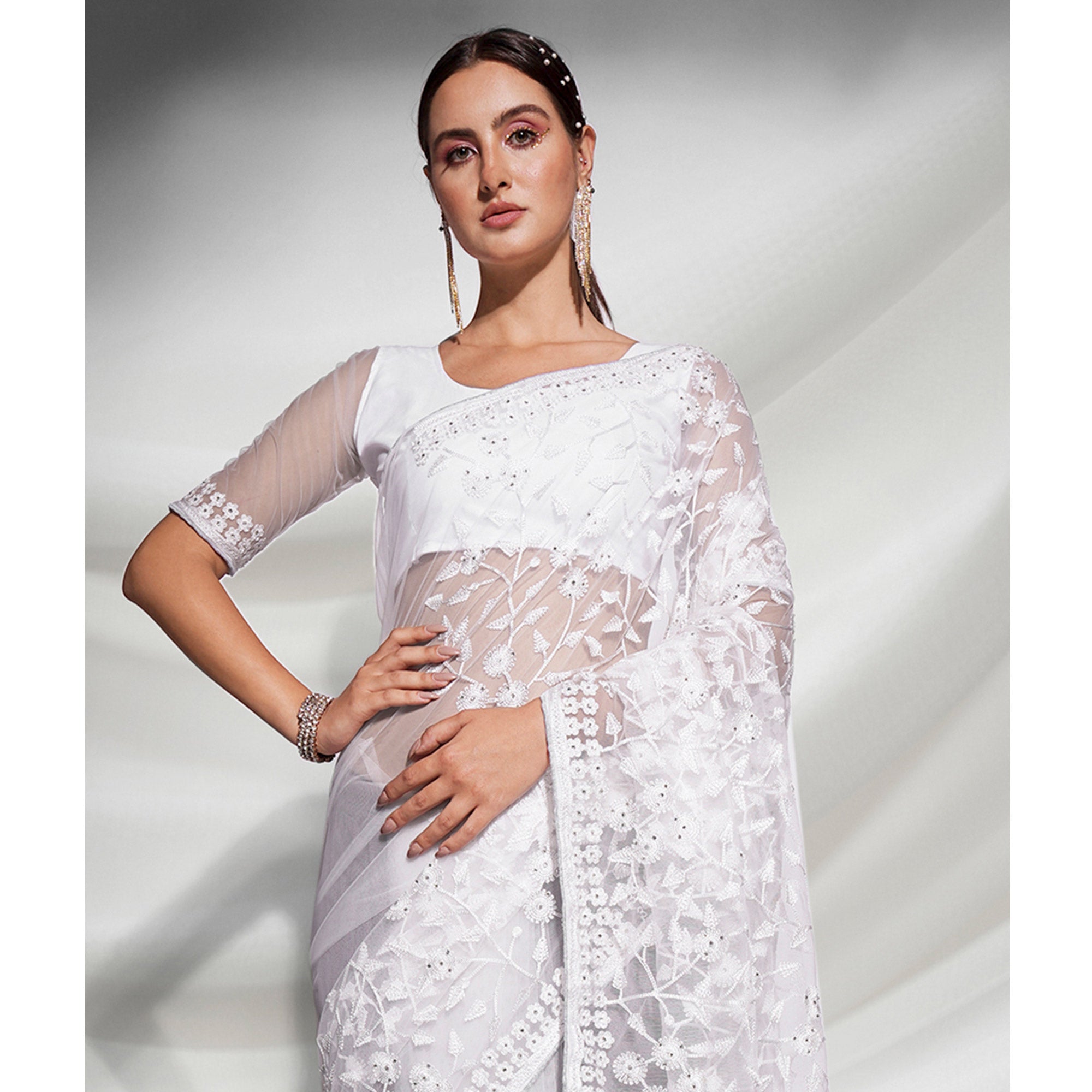 White Floral Embroidered Soft Net Saree