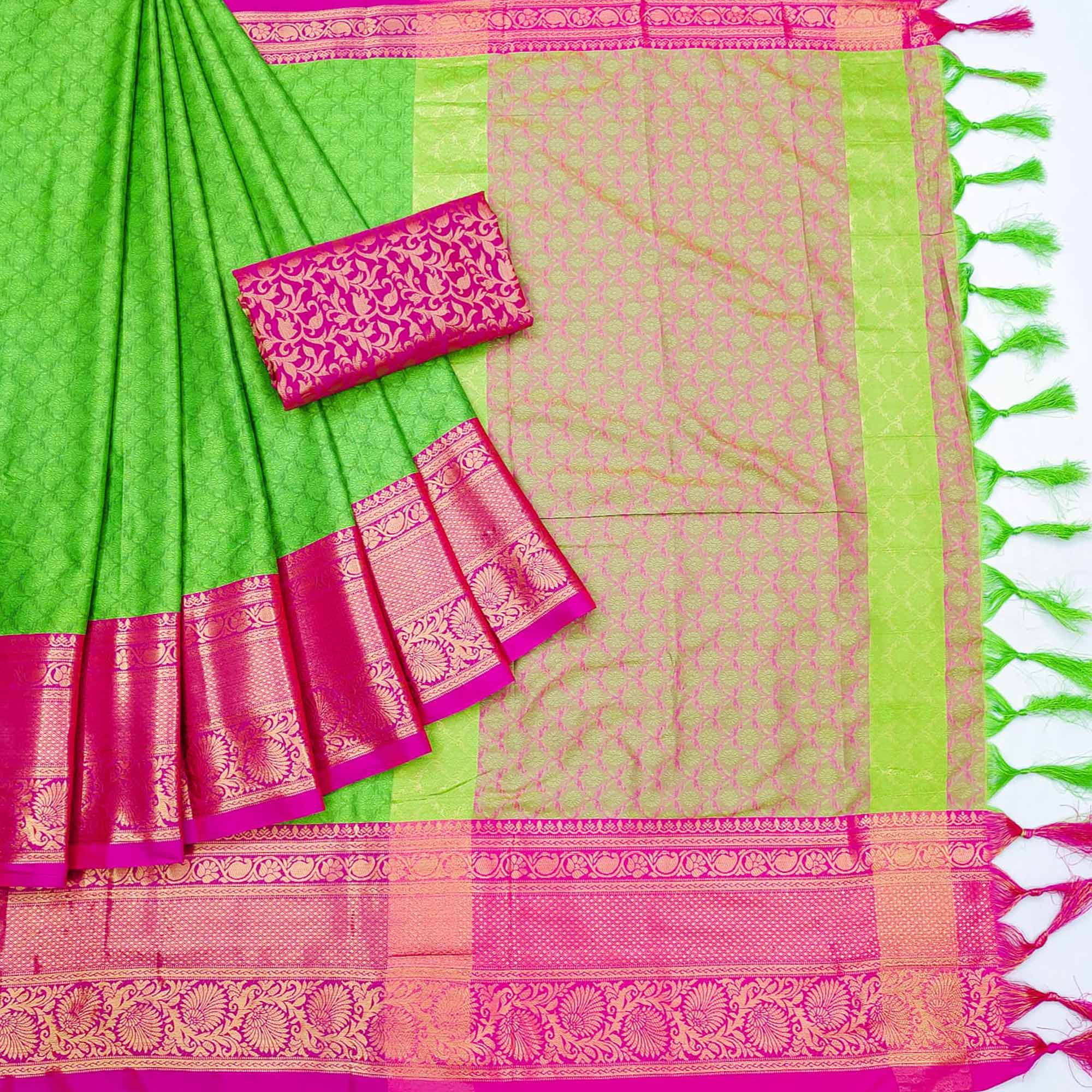 Parrot Green Printed And Woven Cotton Silk Saree With Tassels