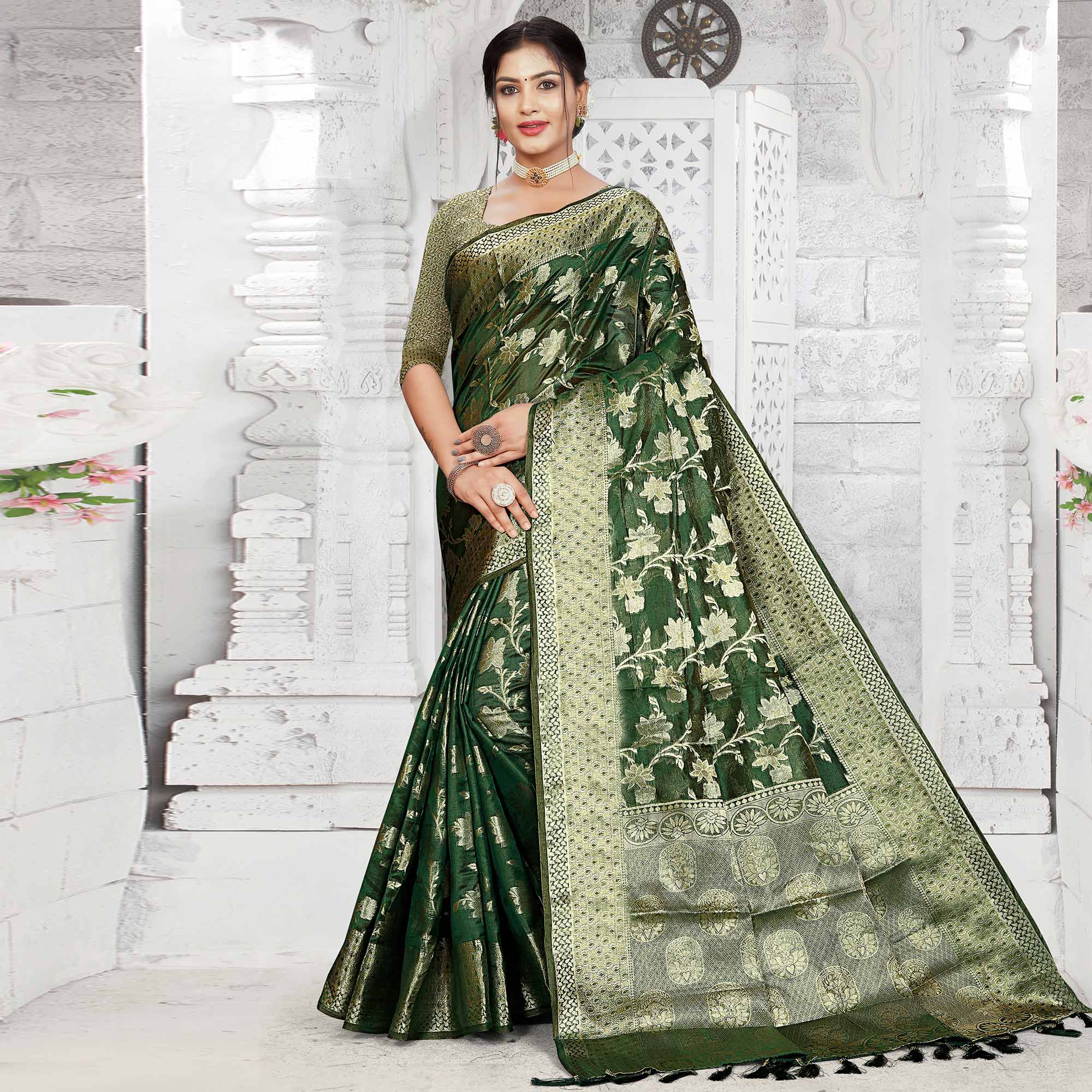 Bottle Green Floral Woven Organza Saree With Tassels