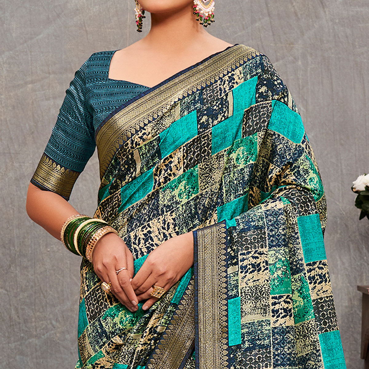 Turquoise Printed Tussar Silk Saree