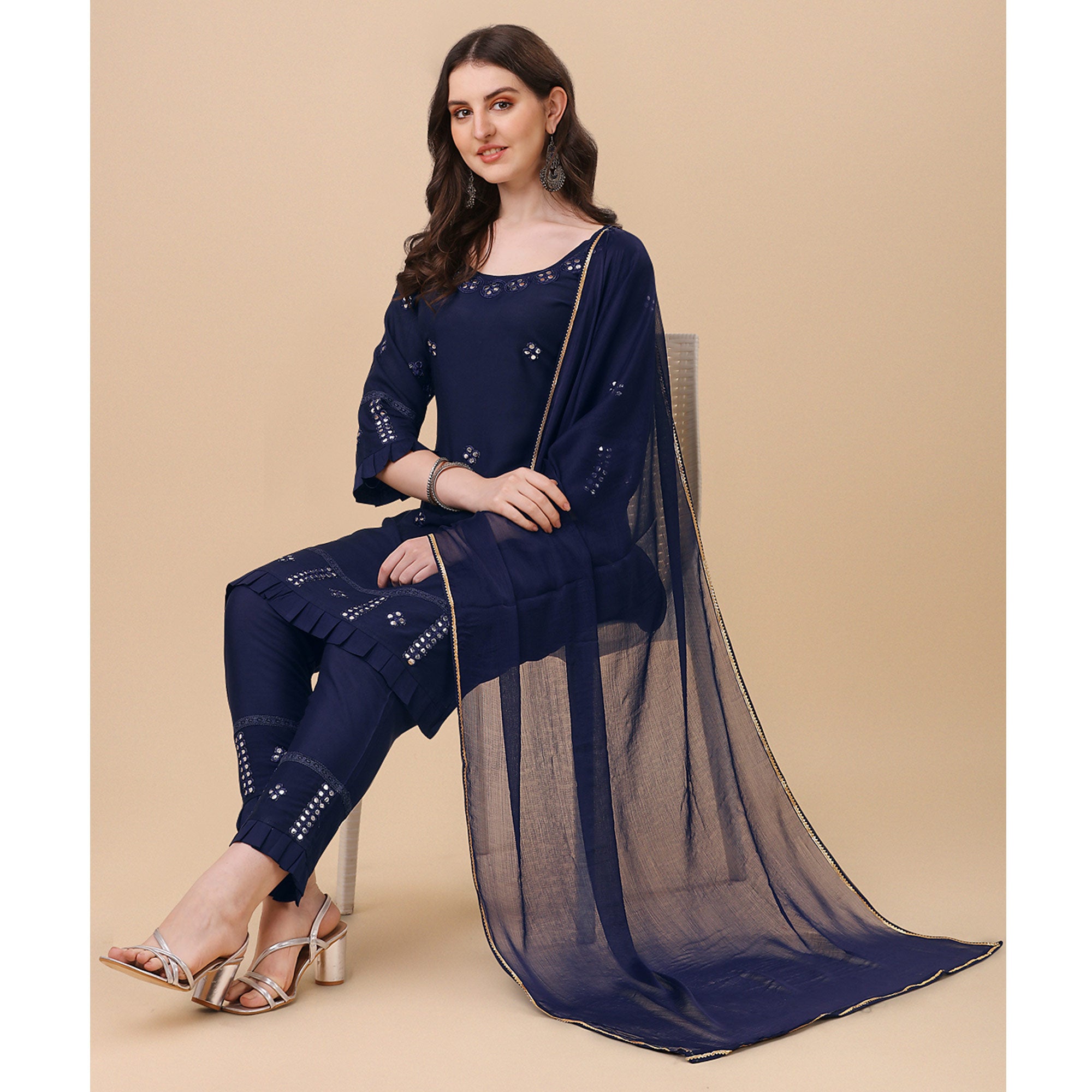Navy Blue Embroidered Rayon Salwar Suit