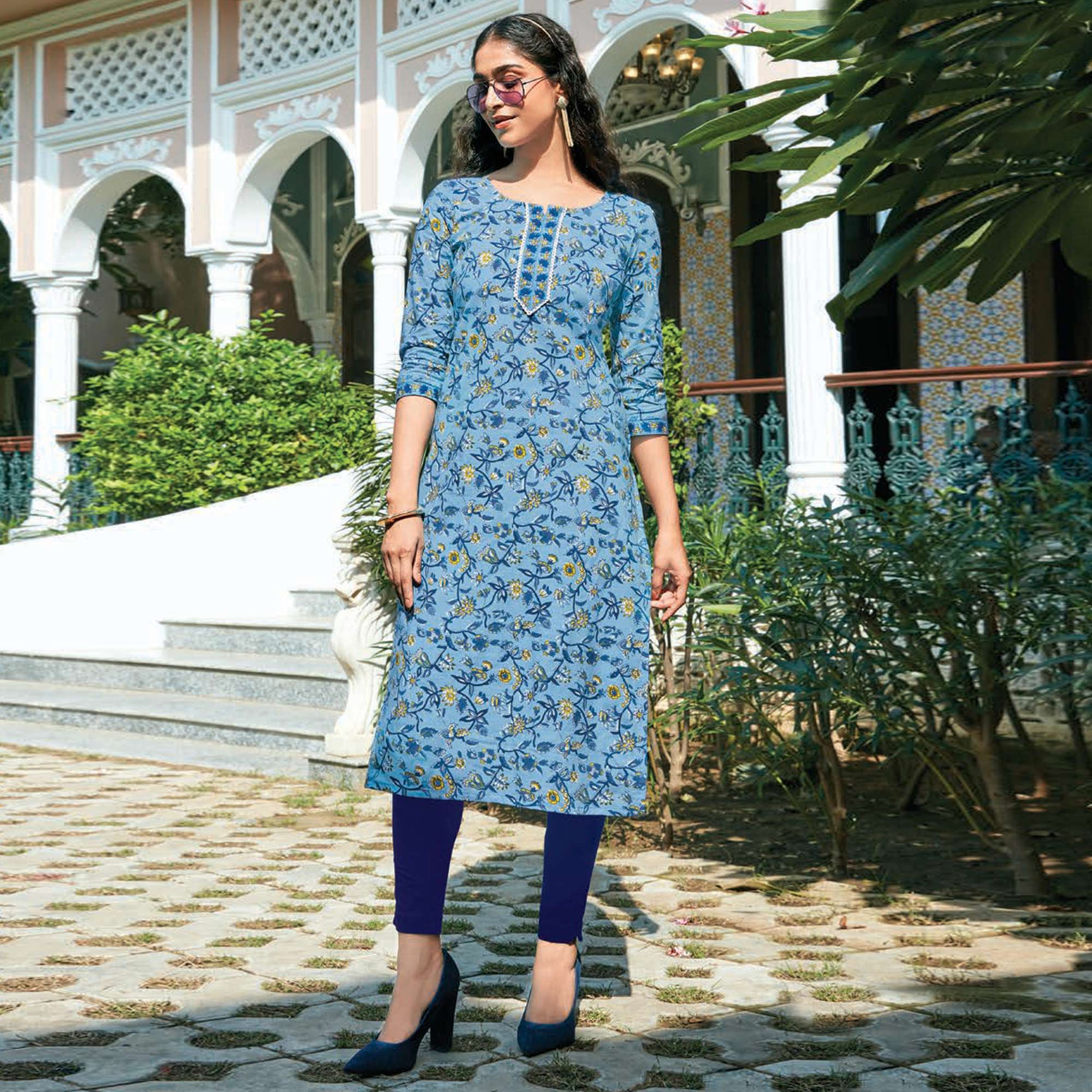 Light Blue Floral Printed Cotton Blend Kurti