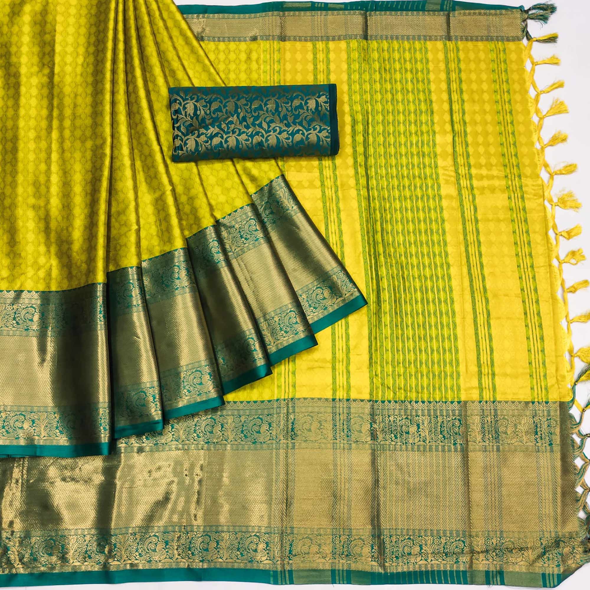 Lemon Yellow Woven Cotton Silk Saree With Tassels