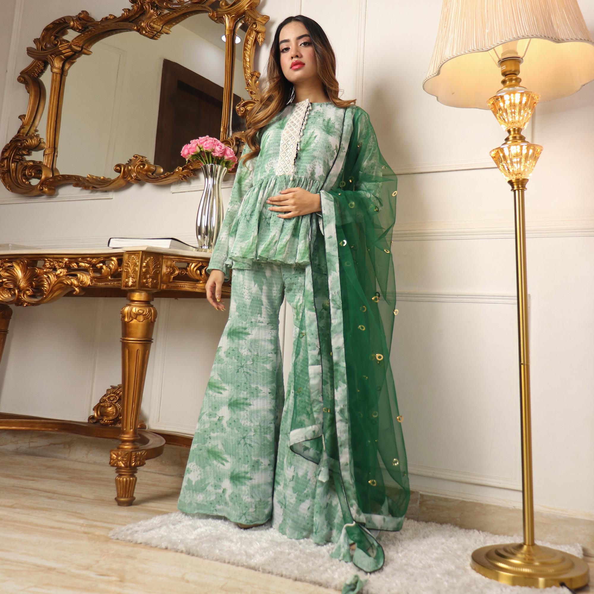 Green Floral Printed Georgette Sharara Suit
