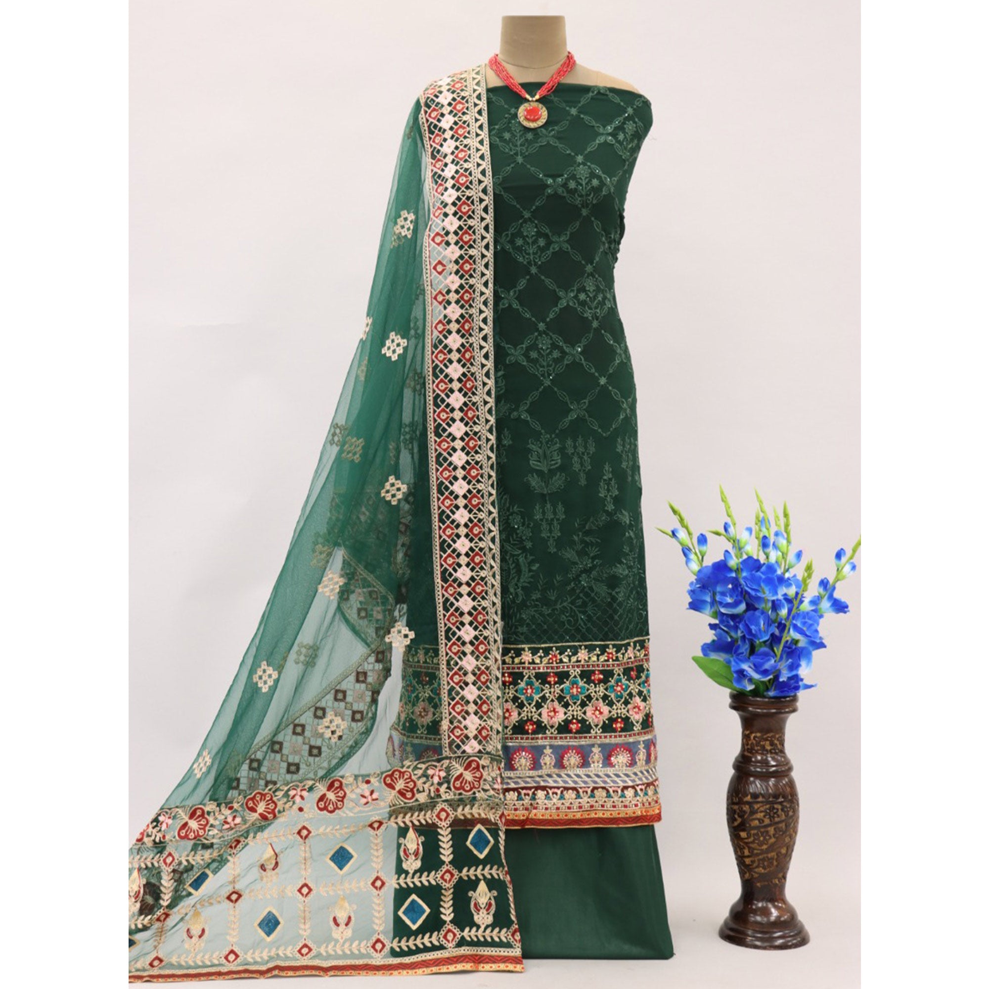 Green Sequins Embroidered Georgette Pakistani Suit