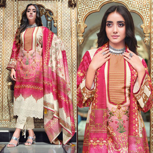 Pink And Cream Digital Printed With Daman Embroidered Pure Cotton Pakistani Suit