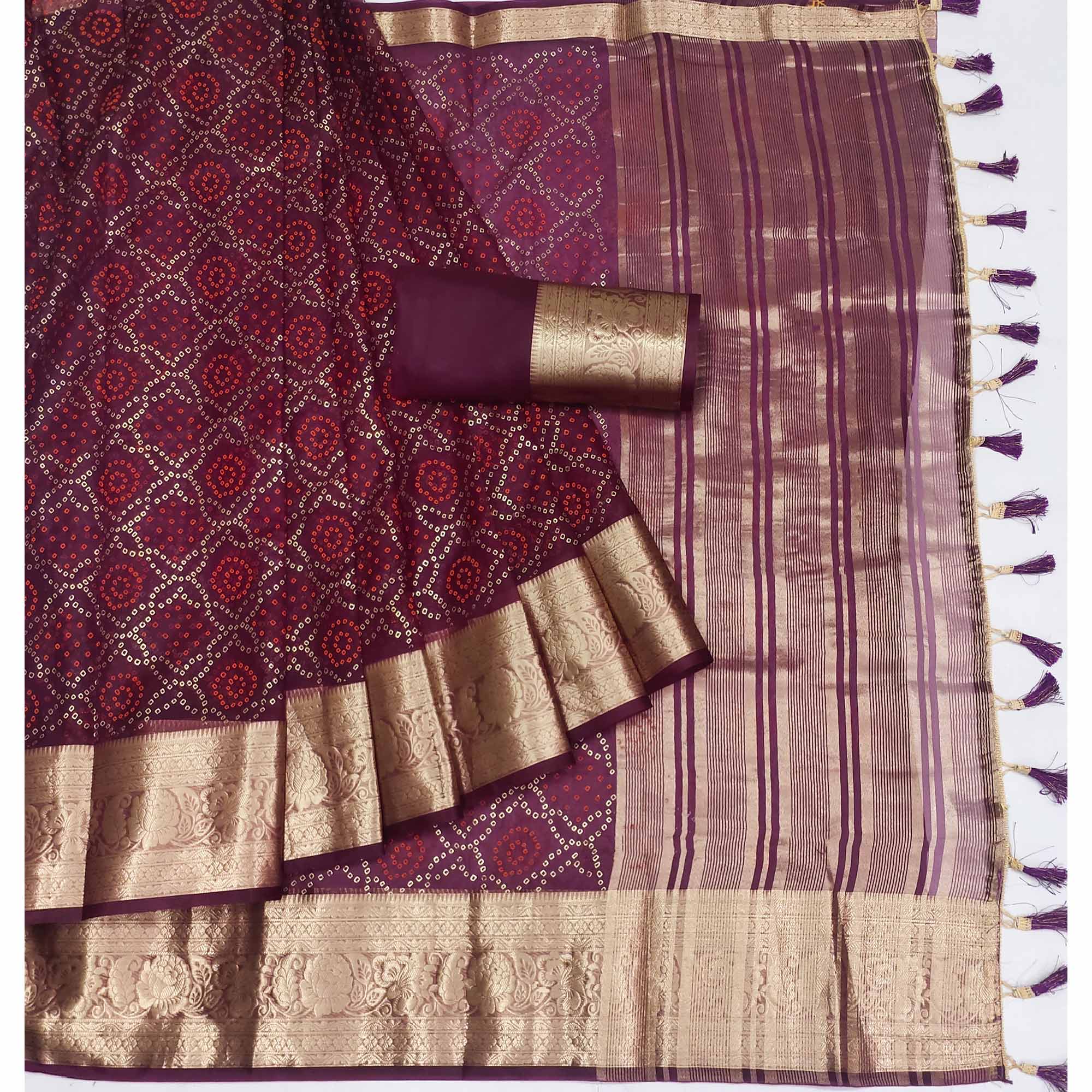 Wine Bandhani Printed Organza Saree With Tassels