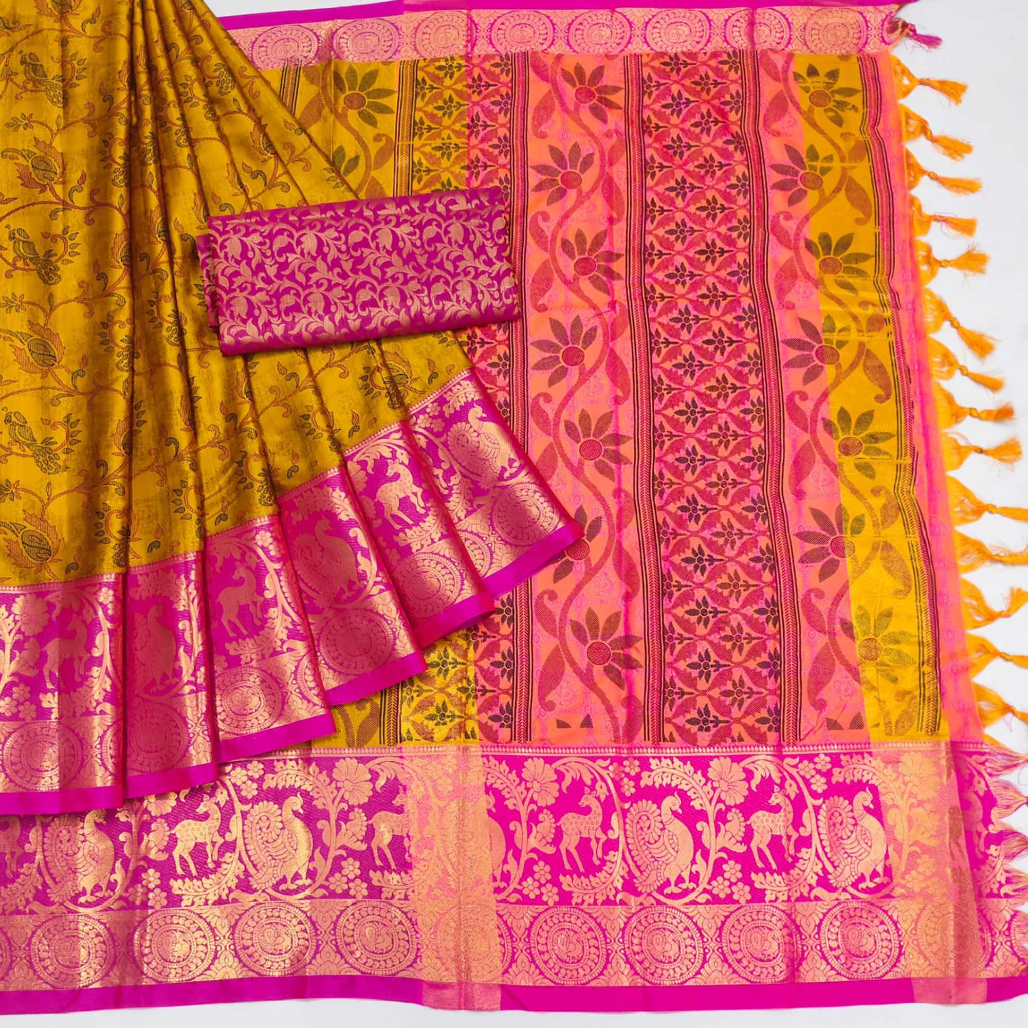 Gold Printed With Woven Border Cotton Silk Saree
