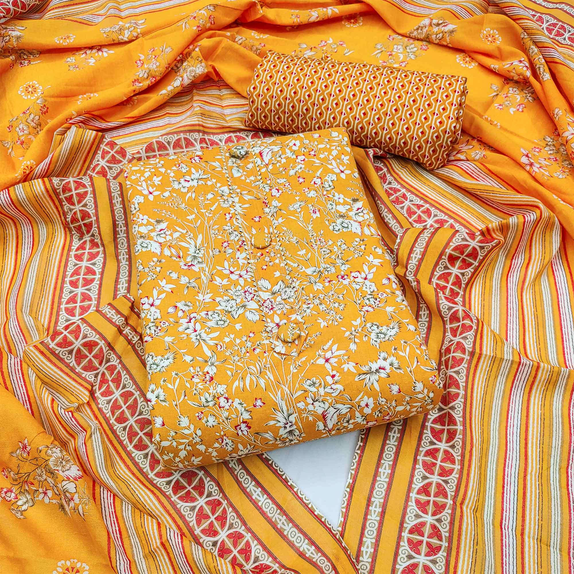 Mustard Floral Printed Cotton Blend Dress Material