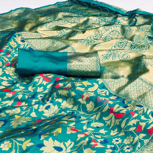Rama Green Floral Woven Art Silk Saree