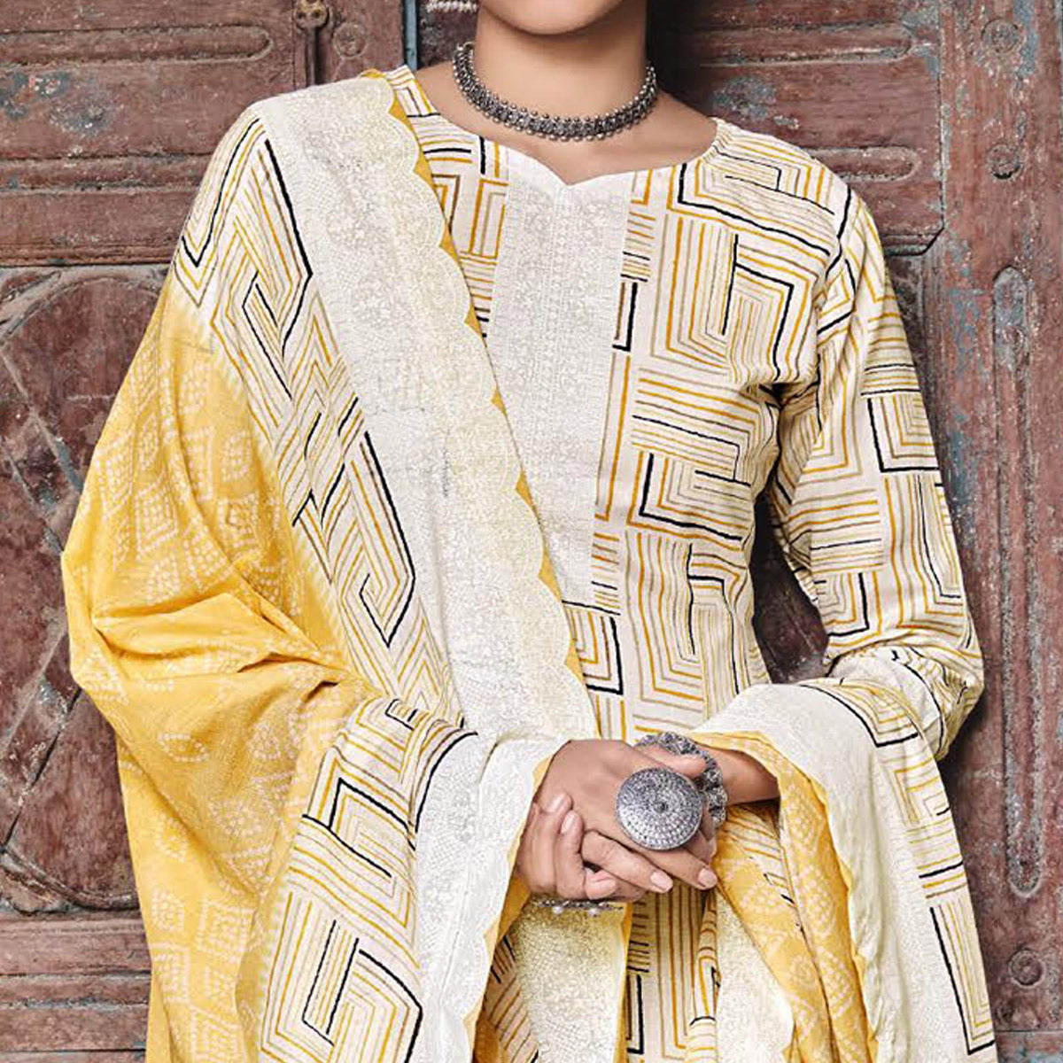 Yellow Printed Pure Cotton Salwar Suit