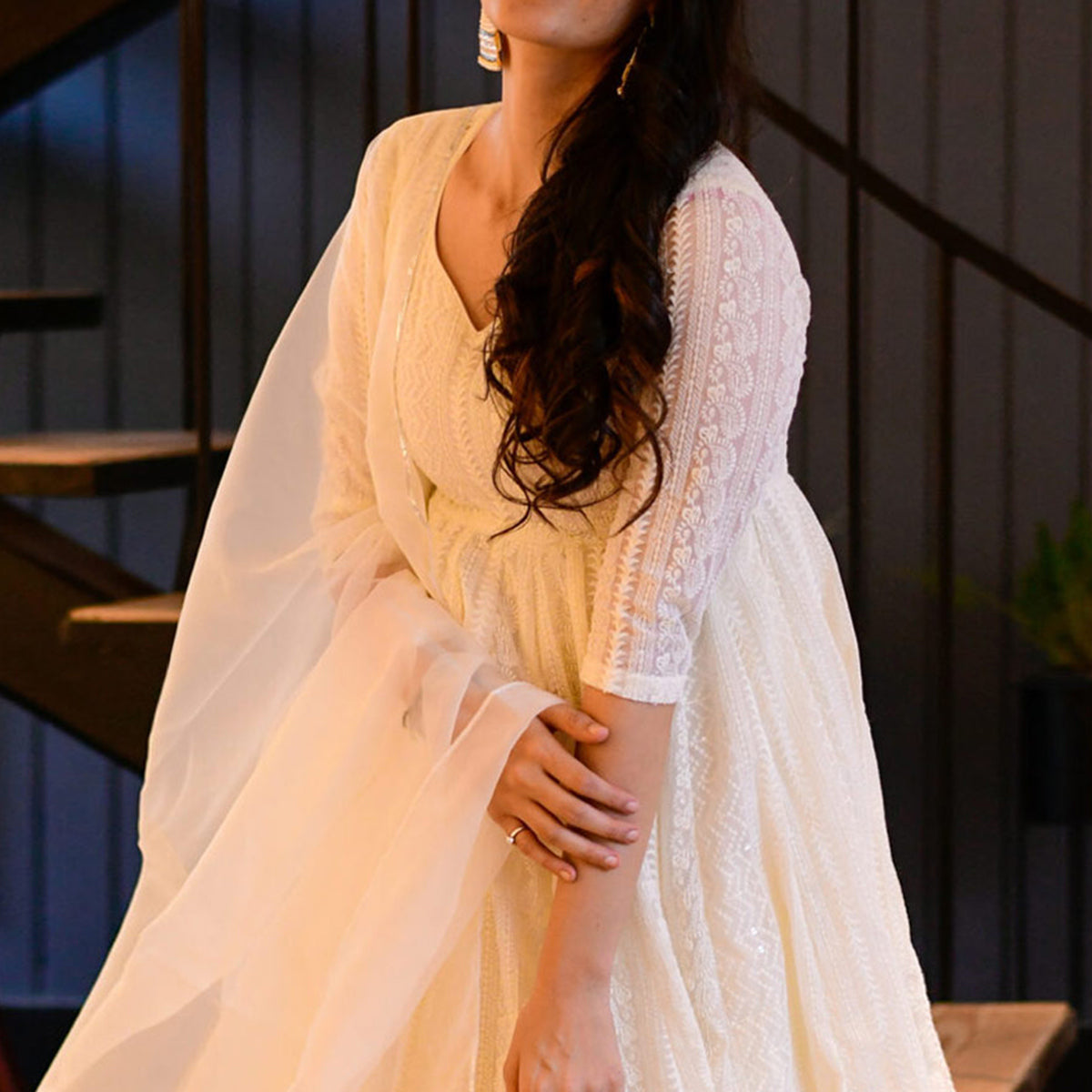 White Lucknowi Chikankari Work Georgette Anarkali Suit