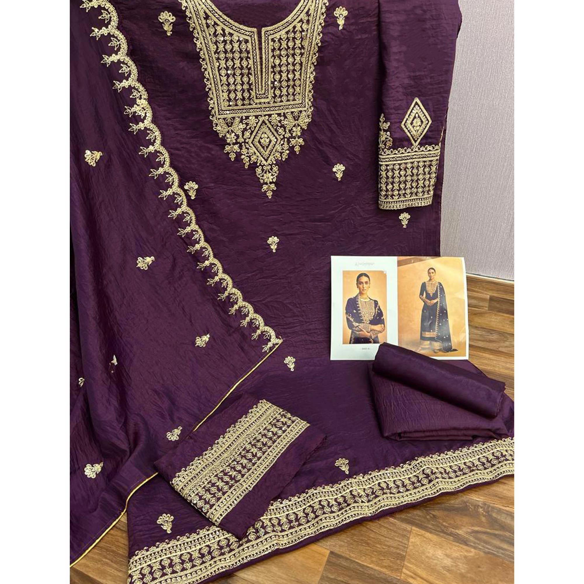 Purple Sequins Embroidered Georgette Palazzo Suit