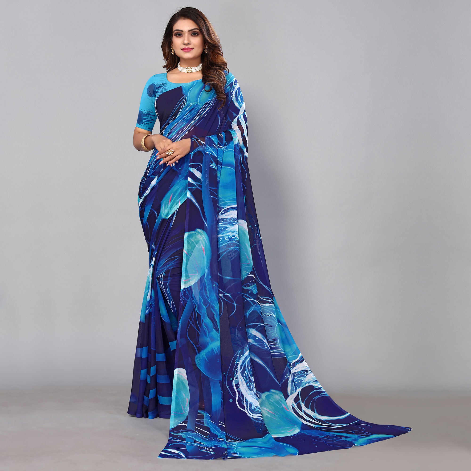 Blue Digital Printed Georgette Saree