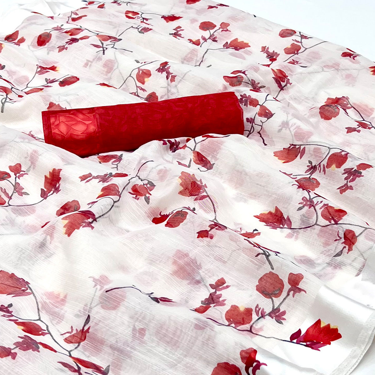 White Red Floral Printed Linen Saree