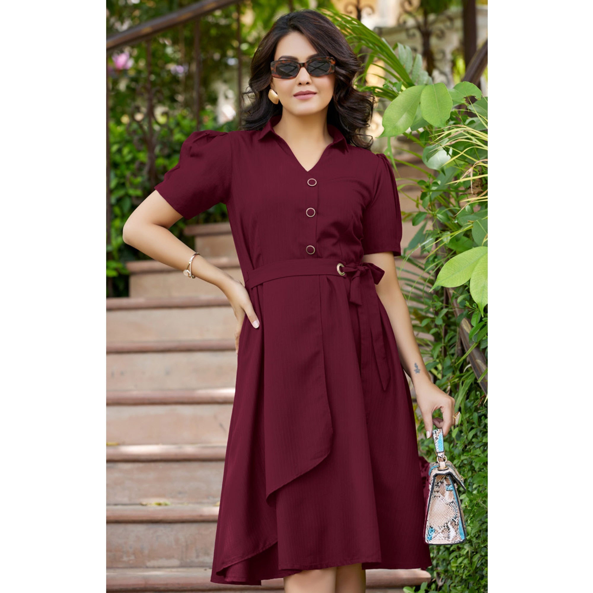Wine Solid Cotton Dress