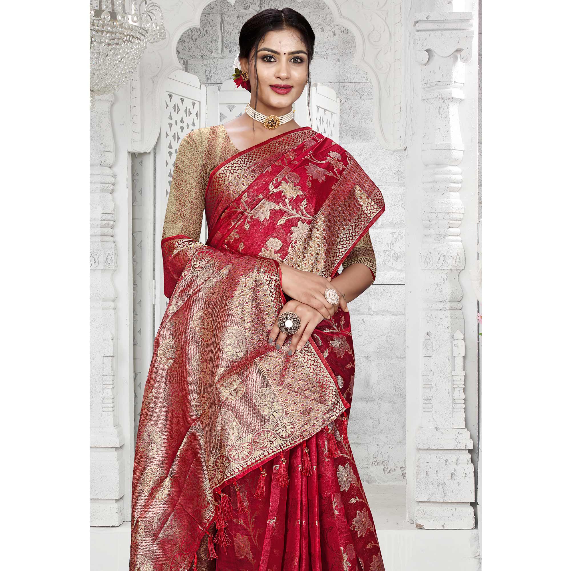 Rani Pink Floral Woven Organza Saree With Tassels