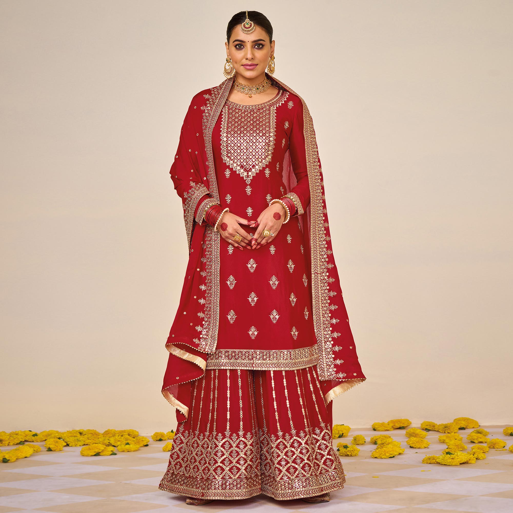 Red Embroidered Georgette Sharara Suit