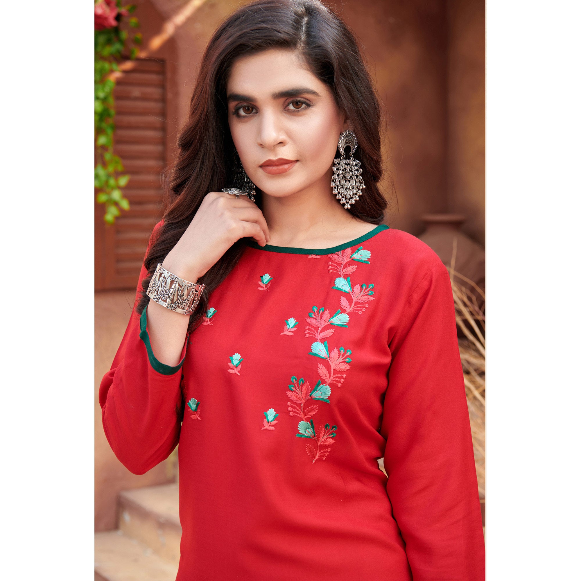 Red Floral Embroidered Rayon Kurti