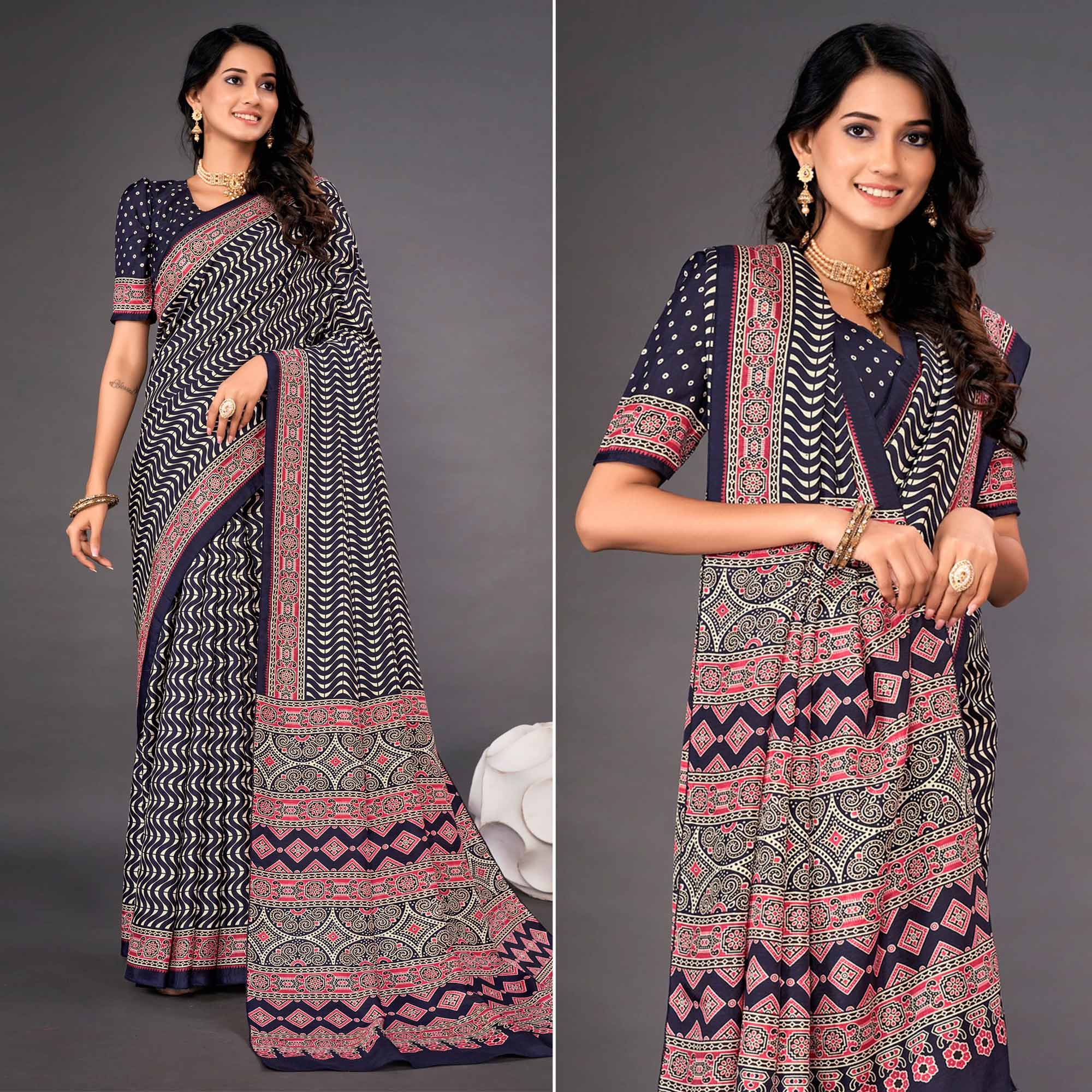 Navy Blue Printed Dola Silk Saree