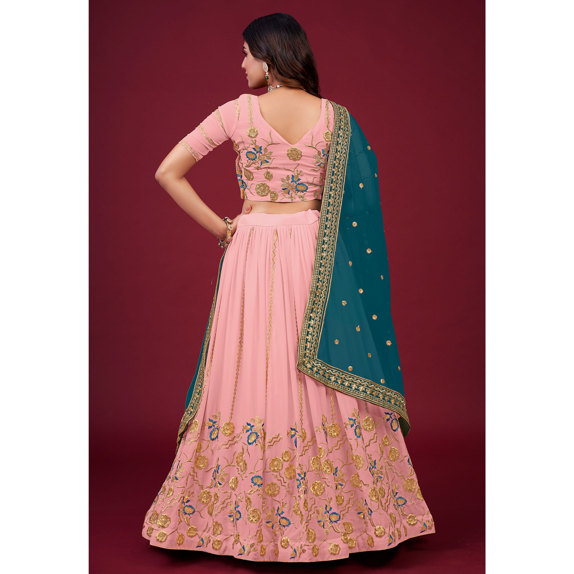 Pink Embroidered Georgette Lehenga Choli
