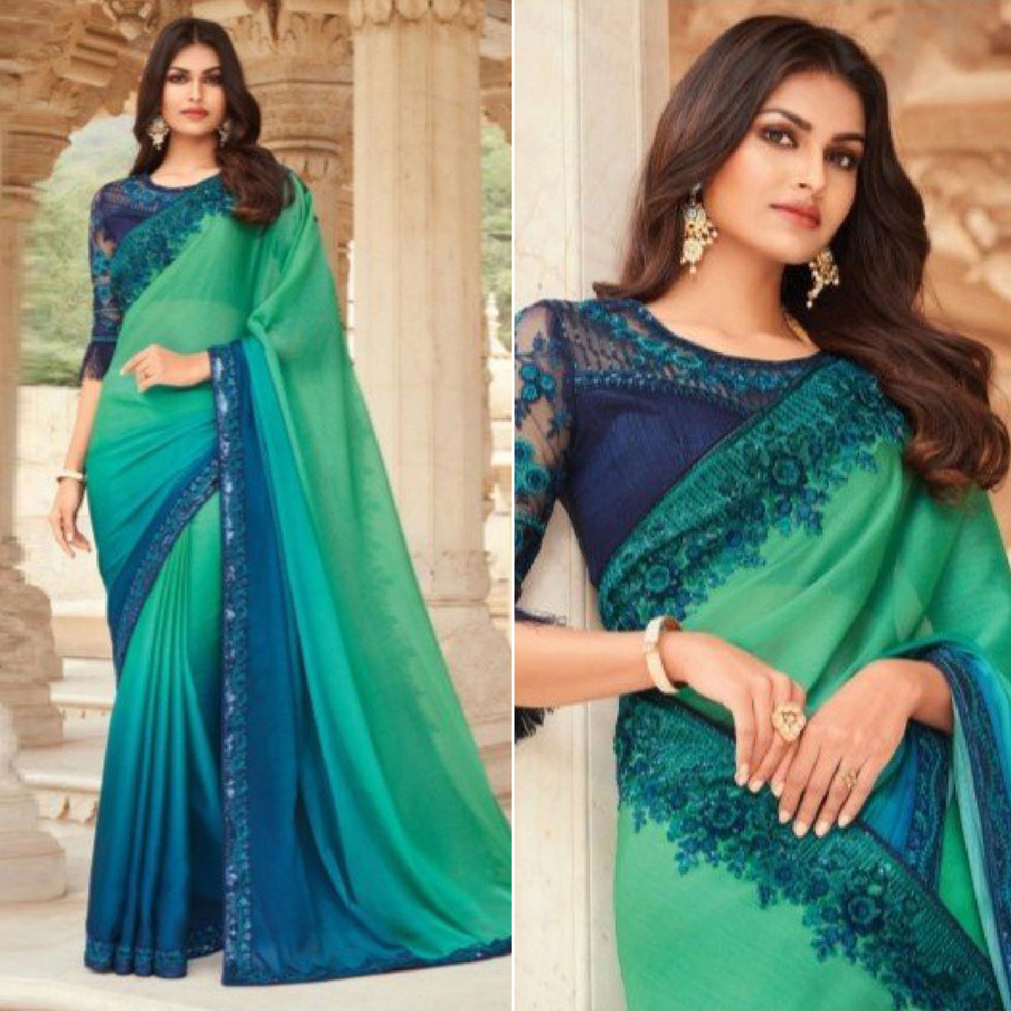 Blue & Aqua Green Embroidered Art Silk Saree