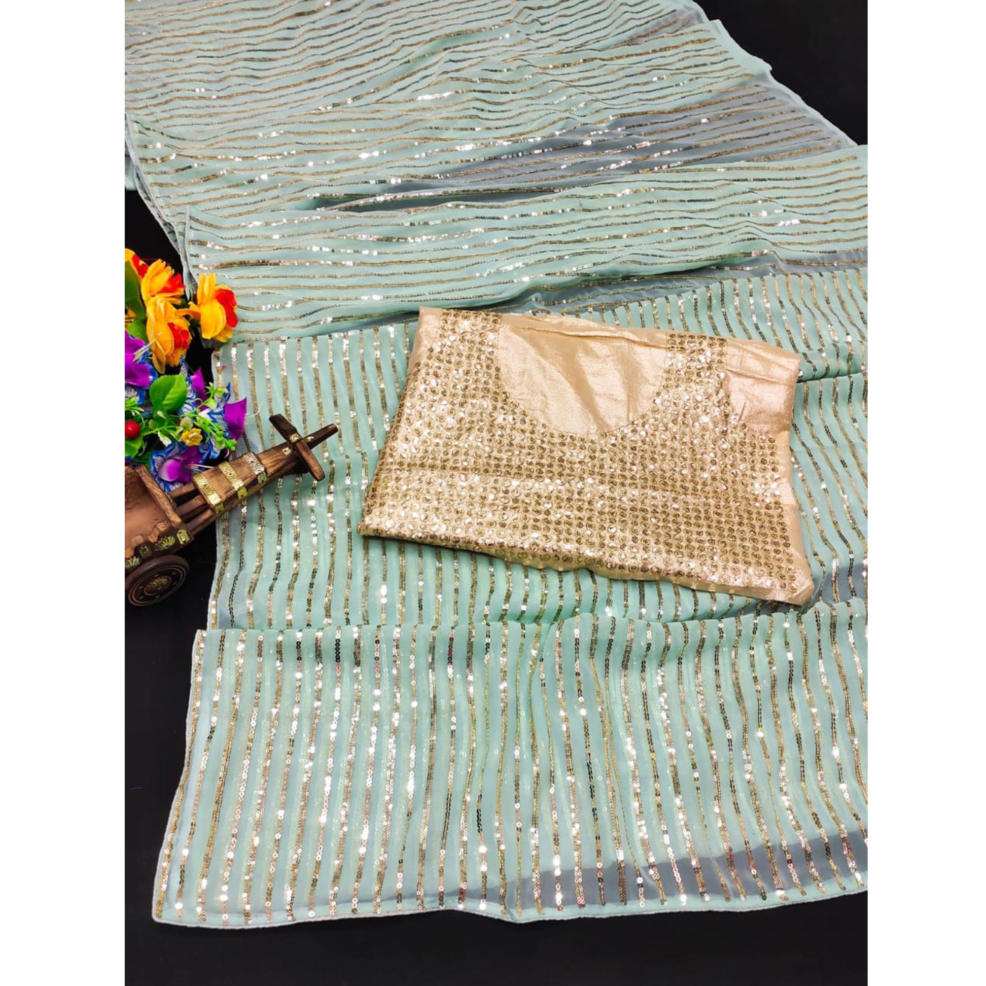 Sea Green Sequins Embroidered Georgette Saree