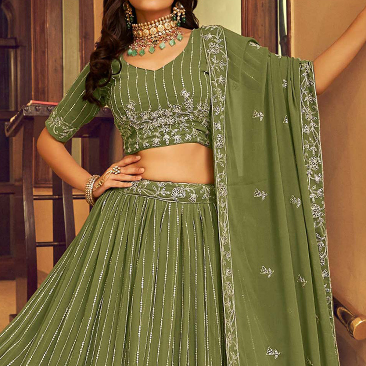 Mehendi Green Sequins Embroidered Georgette Lehenga Choli