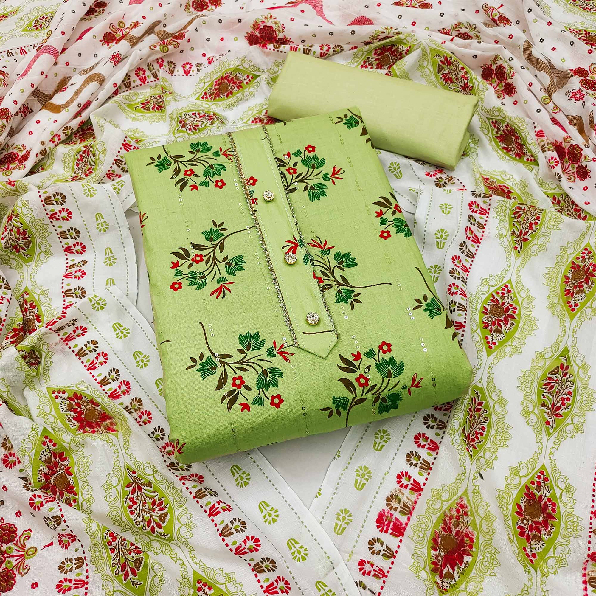 Green Floral Printed With Embroidered Pure Cotton Dress Material