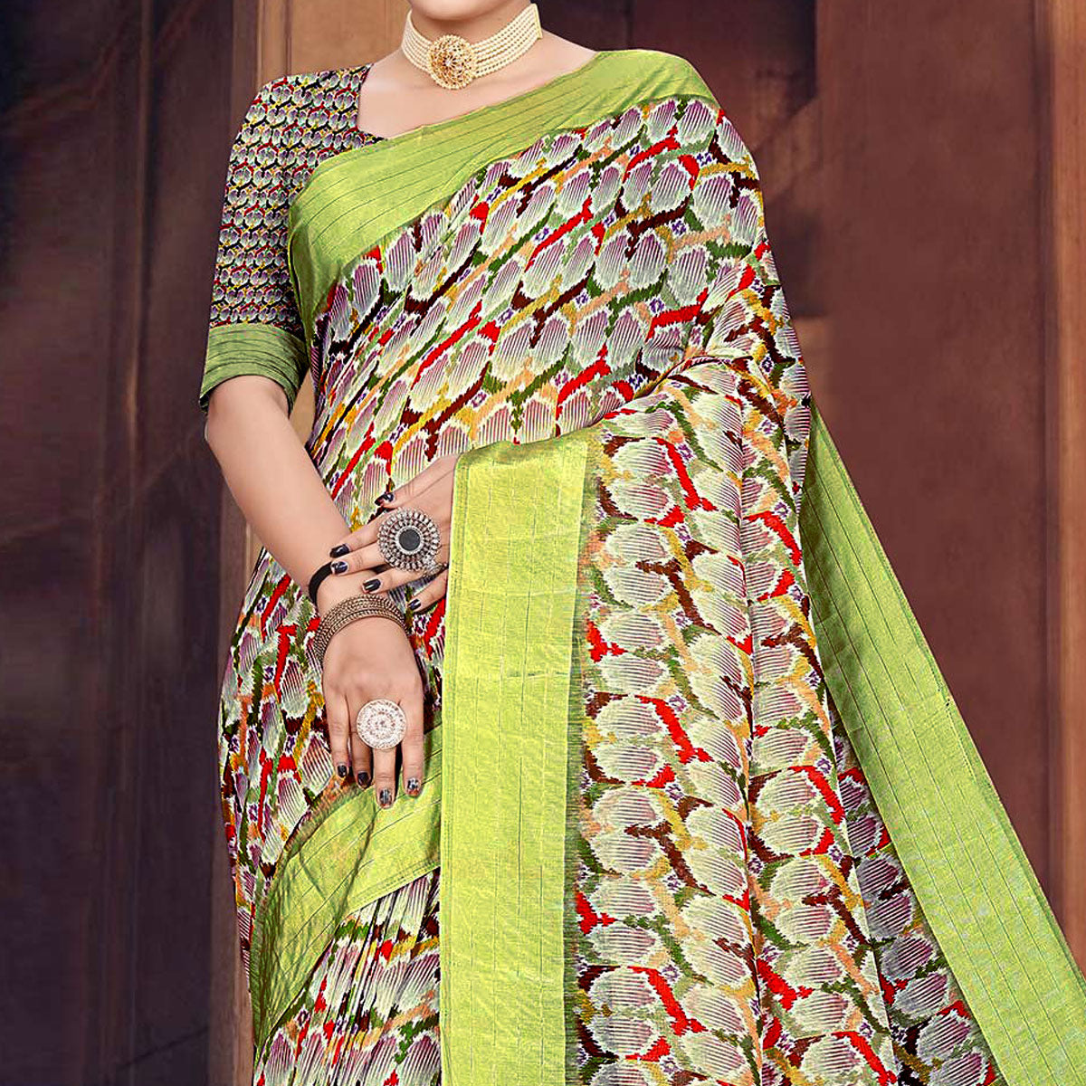 Green Digital Printed Cotton Blend Saree