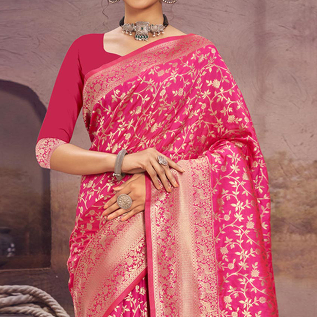 Pink Floral Woven Art Silk Saree