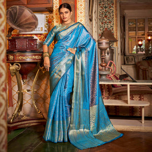 Blue Floral Woven Kanjivaram Silk Saree