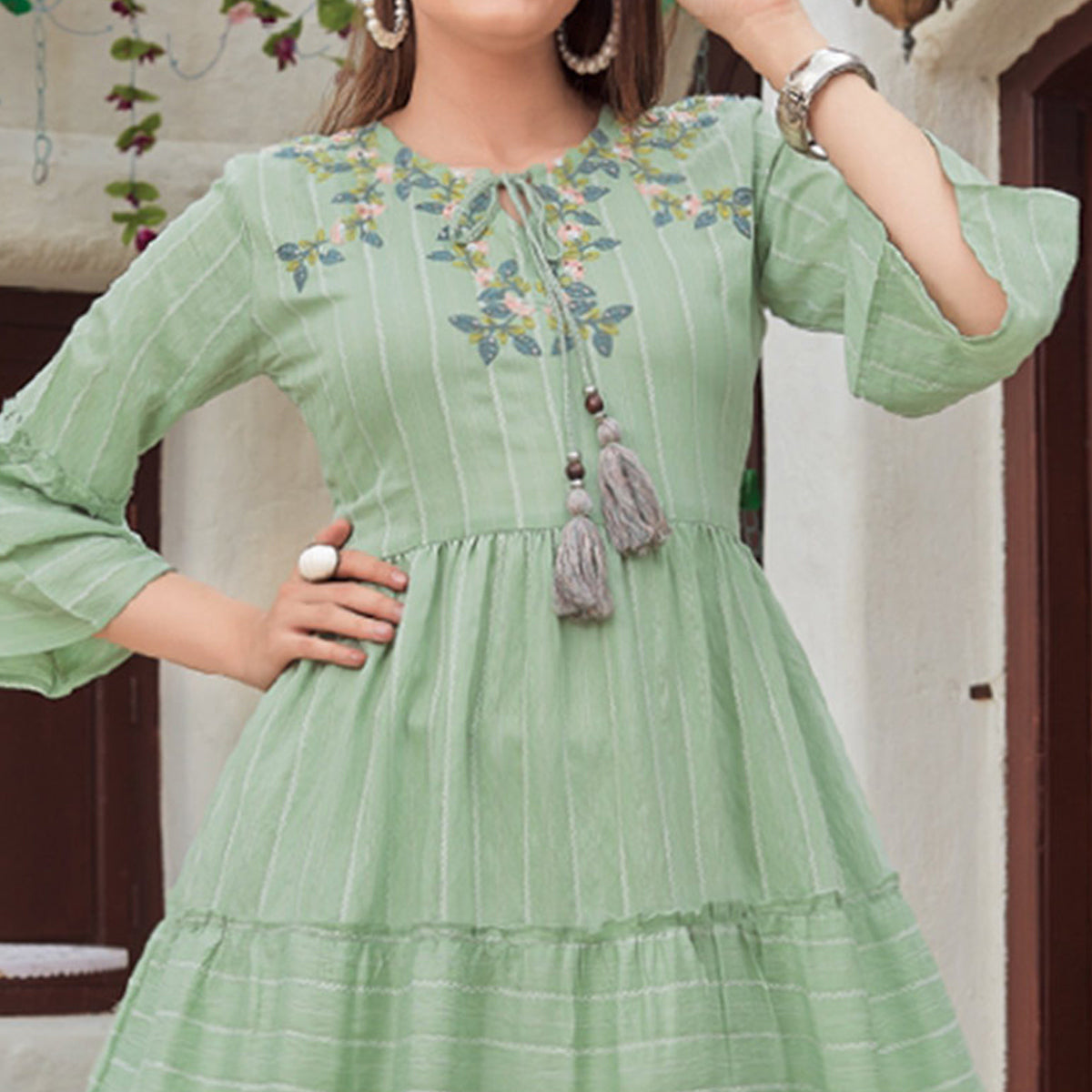 Green Floral Embroidered Rayon Dress